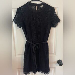 Black lace short sleeve dress with tie